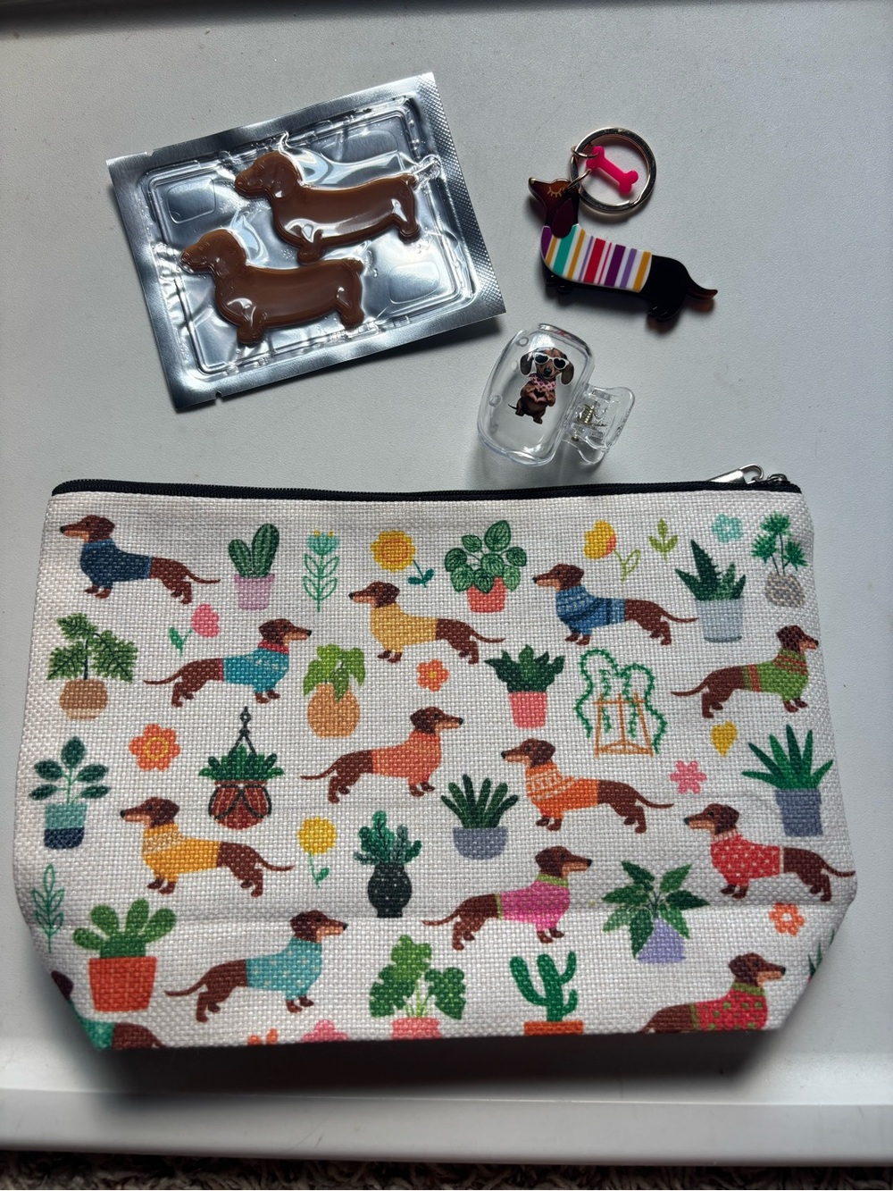 Dachshund makeup bag – w/keychain, dachshund eye mask, and toothbrush cover.